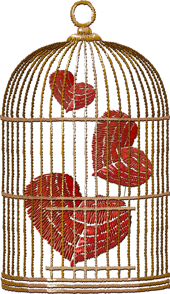 Golden Birdcage with Two Red Hearts