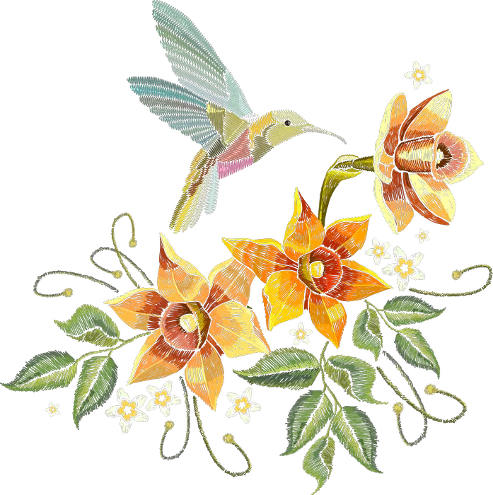 Hummingbird with Orange Orchids