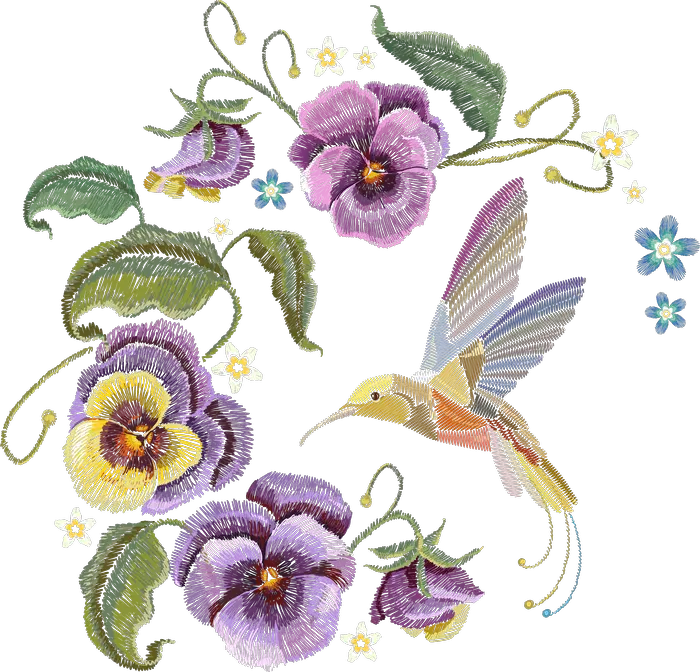 Hummingbird with Purple Pansies