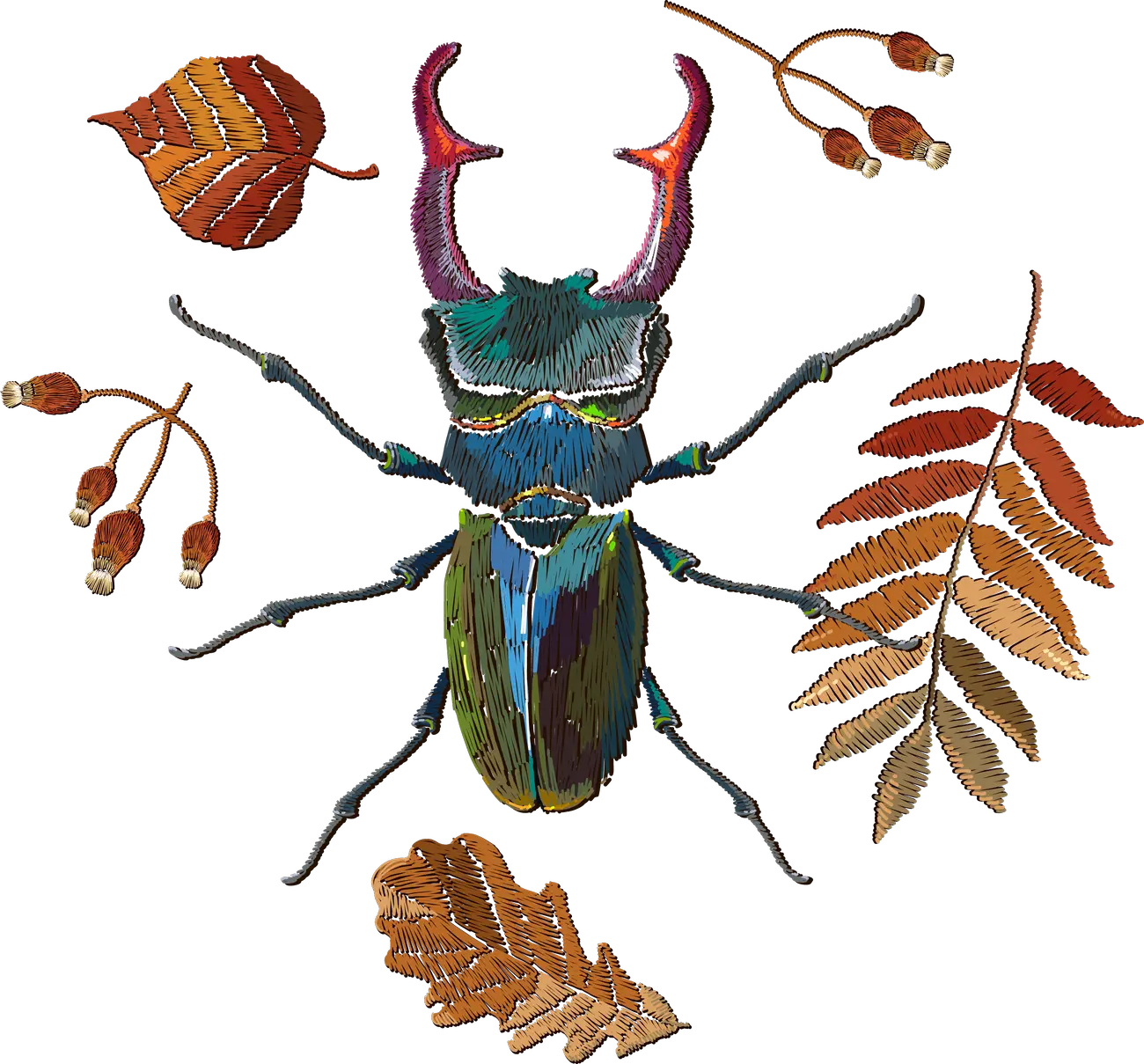 Iridescent Stag Beetle with Autumn Foliage
