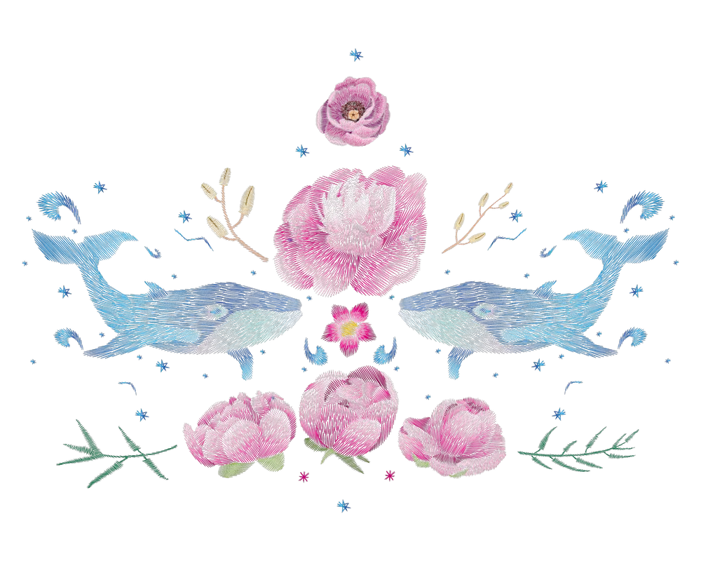Mirrored Blue Whales with Pink Peonies