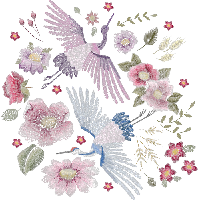 Paired Cranes among Pink Blossoms