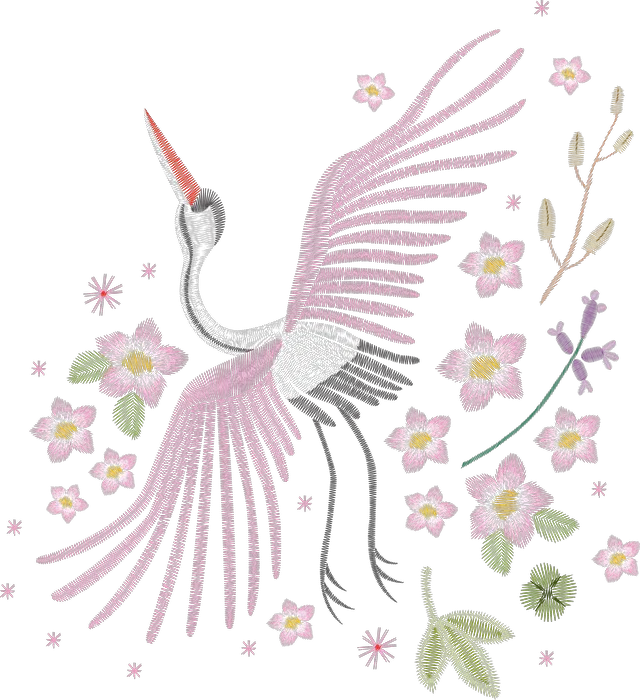 Pink Crane with Scattered Blossoms