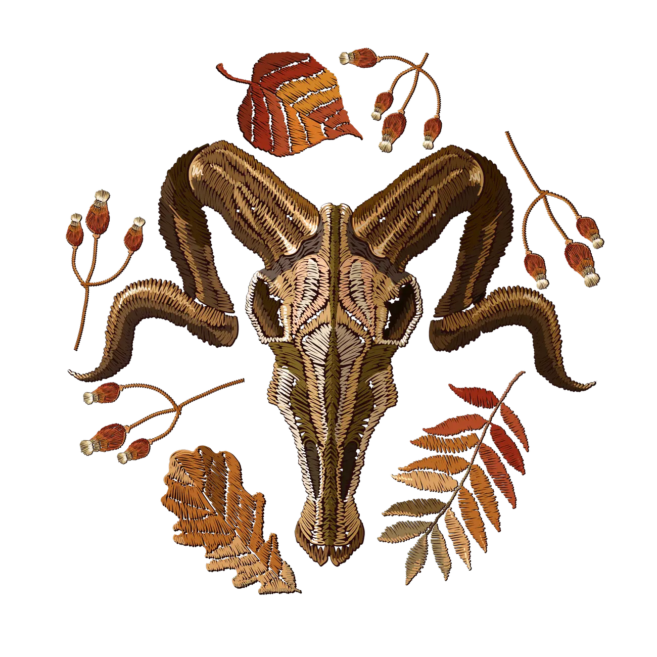 Ram Skull with Autumn Foliage and Rosehips