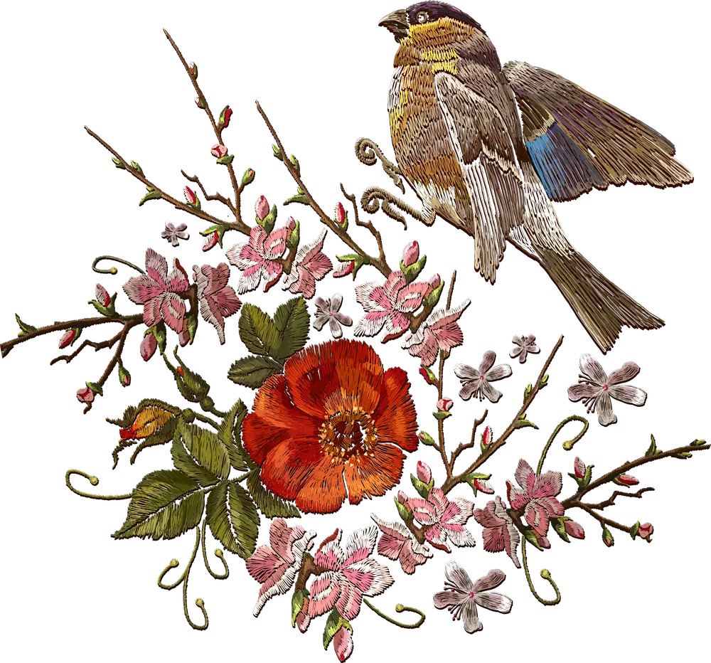 Sparrow Perched on Blossoming Branch with Red Poppy