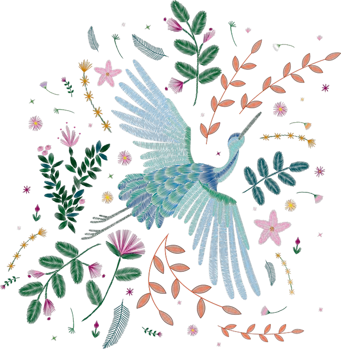 Teal Bird in Flight within Foliage Wreath