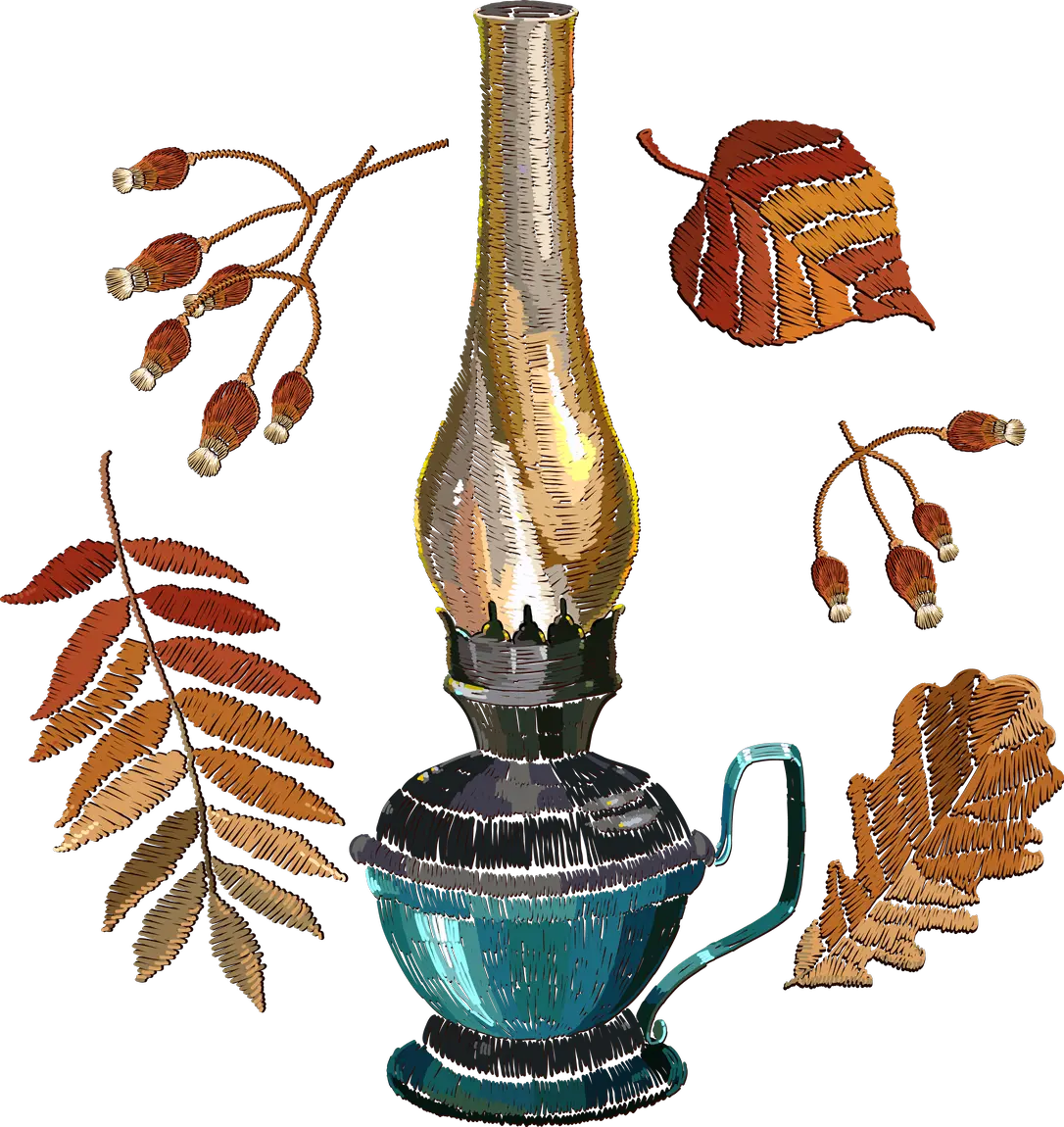 Vintage Oil Lamp with Autumn Leaves and Rosehips