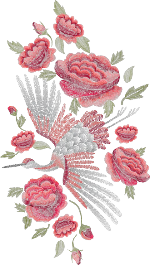 White Crane Among Pink Peonies